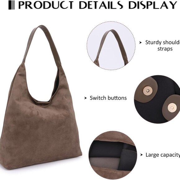 GOTOW Suede Hobo Bags for Women Brown Suede Tote Handbag Retro Suede Slouchy Sho - Picture 3 of 6